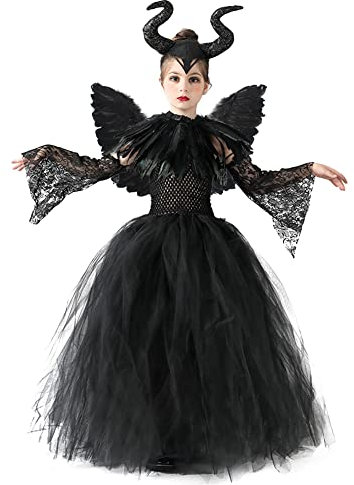 IBTOM CASTLE Kids Girls Maleficent, Evil Queen Princess Tutu Dress Horns Headband Wings Child Magic Wizard Masquerade Outfit #Black（5pcs） 4-5 Years