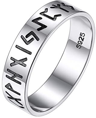 Silvora Punk Hip Hop Herren Damen Siegelring 925 Silber Viking Rune Fingerring 5mm breit Wikinger Freundschaftsring Ehering Ringgröße 64.6 (20.75)