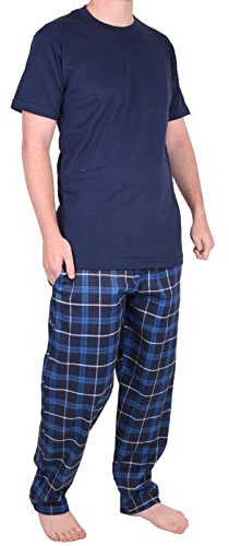 Mens Pyjamas Set Trousers Woven Check Lounge Pants Short Sleeve T Shirts Top (S, Blue - PjamaSet-21)