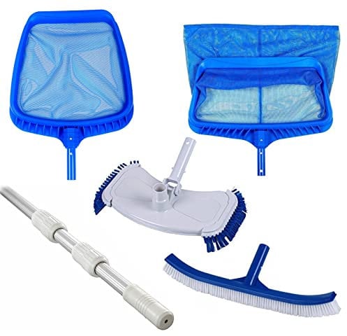 well2wellness® 3-teilige Aluminium Teleskopstange ALU Silver 120-360 cm Plus Laubkescher und Bodenkescher Strong, breiter Beckenbürste aus Kunststoff + Bodensauger Deluxe