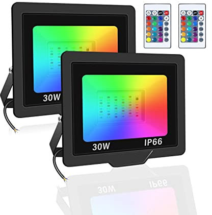 PICAA Faretto LED per esterni, luce di sicurezza, 30W, luci RGB a cambiamento di colore con telecomando, impermeabile IP66, faretto dimmerabile da parete per giardino, festa, palco (2 pezzo)