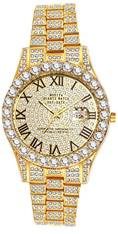 JewelryWe Uhren Herren Damen Kalender Analog Quarz Armbanduhr Elegant Klassische Strass Glitzer Metall-Armband Uhr mit Römischen Ziffern Zifferblatt und Werkzeug Gold