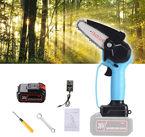 Mini Motosega a Batteria 36V Kit Alimentato a Batteria, Mini Motosega da 4 Pollici con Blocco di Sicurezza, con Batteria e Caricabatterie, Motosega Portatile per Tagliare Alberi e Tagliare Il Leg