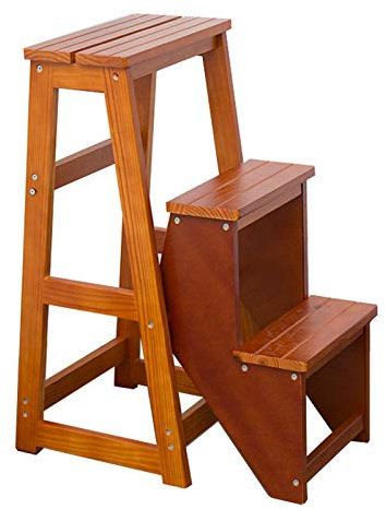 Step Ladder Chairs for Home Garden, Wooden Foldable Stepladder Stairway Chair with 3-steps, Natural Solid Wood Heavy Duty 200kg Capacity