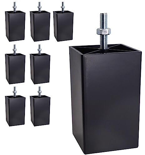 SKIR'CO Lot de 8 pieds de meubles en plastique noir Hauteur 10 cm Pieds de meubles carrés 60 x 60 mm Filetage M8 Écrous inclus