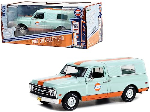 1968 Chevrolet C-10 Pickup Truck Hellblau mit orangefarbenen Streifen mit Camper Shell Golf Öl läuft auf leer Serie 5 1/24 Druckguss-Modellauto von Greenlight