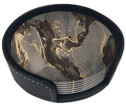 Dessous de Verre Rond Luxueux en Cuir de marbre d'or Noir sous-Verres de Voiture 6 pièces sous-Verre isolé, Tapis de Tasse pour Le Bureau de Cuisine de Salon de Voiture