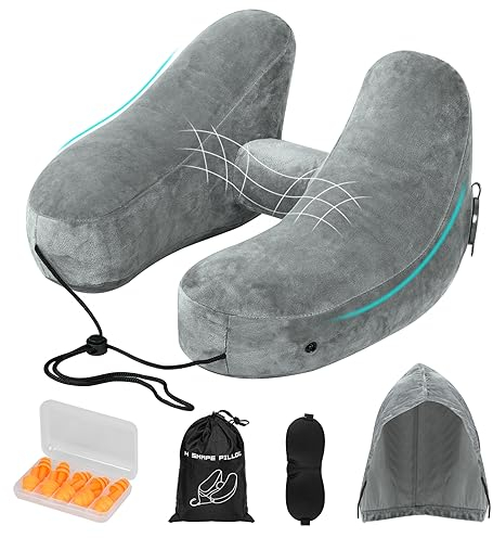 Nackenkissen Flugzeug Aufblasbar, Reisekissen Aufblasbares Flugzeug, Nackenhörnchen Erwachsene mit Kopfstütze, Hut, Tasche, Schlafmaske, Ohrstöpseln Travel Pillow für Reisen, Auto, Büro (Grau)