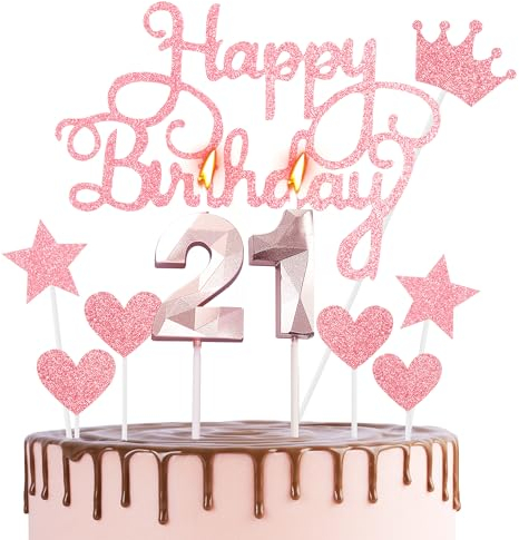 Happy 21st Birthday Cake Topper & Birthday Candles Rose Gold Number 21 Candles for Birthday Cake - Rose Pink 21st Birthday Candles Cake Cupcake Topper Birthday Cake Decorations for Girls Birthday