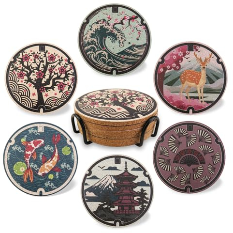Japanische Untersetzer, japanisches Schacht-Design, Untersetzer für Getränke, Kirschblüte, Koi, Pagode, Hirsch, Kork-Untersetzer für Couchtisch, Einweihungsfeier, Geburtstagsgeschenk, 6er-Set