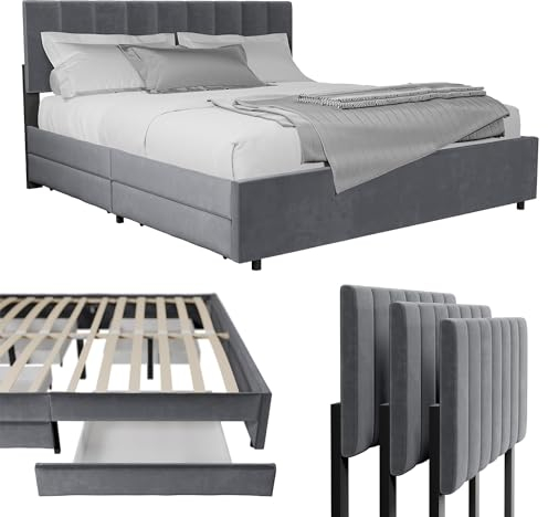 Juskys Samt Polsterbett Soria 180x200 cm mit Matratze, Lattenrost & Schubladen - modernes Bett - Kopfteil höhenverstellbar - Doppelbett Grau