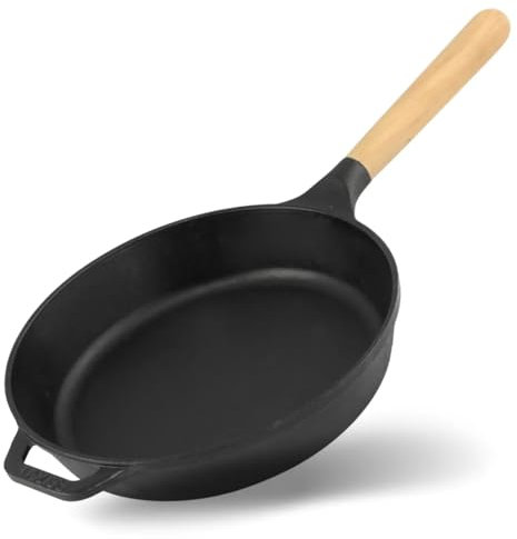4BIG.fun Brizoll Cast Iron Frying Pan Diameter 26 cm 54 mm Deep Cast Iron Pan Round with Wooden Handle Induction for All Hobs