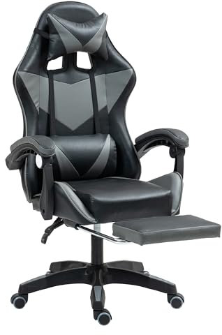 Gaming Chair Ergonomic Drafting Chair Tall Office Chair with Lumbar Support and Adjustable Footrest Headrest Height-Adjustable and Adjustable Reclining (Gaming Chiar-Footrest, Black+Grey)