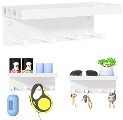 YYBO Schlüsselbrett Mit Ablage, Hundegarderobe Metall, Schlüsselhalter Wand, Schlüsselbrett Weiß Schlüsselablage, Hundeleinen Halterung für Flur, Eingangsbereich, Selbstklebend or Bohren