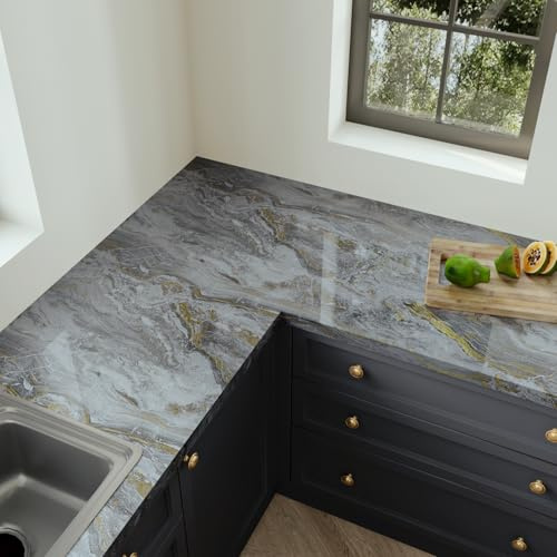 VaryFloral Grey Gold Marble Effect Self Adhesive Wallpaper 30cm x 300cm Peel and Stick Vinyl Wrap for Kitchen Splashback Furniture Cupboard Drawer