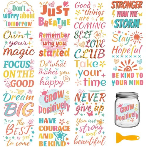 GLOBLELAND 18 Sheets Mental Health Words Transfer Stickers 3.9x3.6inch Inspirational Quotes Decals Stickers Sentiments Rub on Transfer for Furniture Vase Glass Mason Jar Decorations Art Crafts