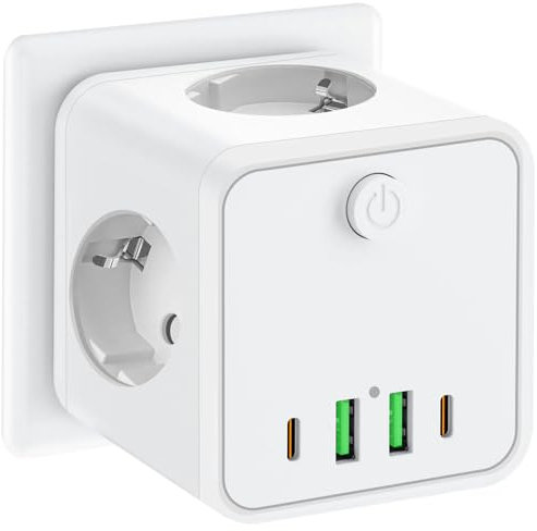Ciabatta Multipresa,7 in 1 Presa Multipla a Muro con Interruttore - 2500W,con 16A 3 Prese Schuko e Porte di 2 USB-A e 2 USB-C,multipresa da parete Ideale per Ufficio e Casa (bianco)