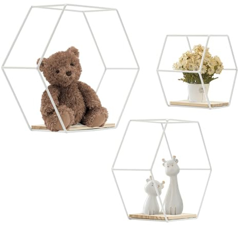 Owneed Hexagon Wandregal Metall 3er Set, Wanddeko Hängeregal Schweberegal in 3 Größen, Sechseck Regale für Wanddeko in Wohnzimmer-Schweberegale (Weiß)