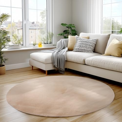 Carpettex Teppich Rund Beige 120 cm- Kurzflor Teppich Waschbar, rund, rutschfest & weich, modernes einfarbiges Design für Wohnzimmer, Schlafzimmer, Küche & Kinderzimmer.