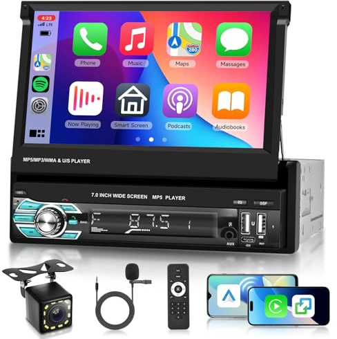 Hodozzy 1 Din Autoradio Automatisch Bildschirm 7 Zoll mit Wireless CarPlay Android Auto, Radio mit Bluetooth MirrorLink FM DSP Farben Beleuchtung SWC,Unterstützung USB/TF/AUX/MIC + Rückfahrkamera