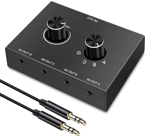 Kueohse 4 Way 3.5mm Jack Audio Switcher 4 in 1 Out Headphone Amplifier Stereo Bi-Directional Audio Switch Splitter Box