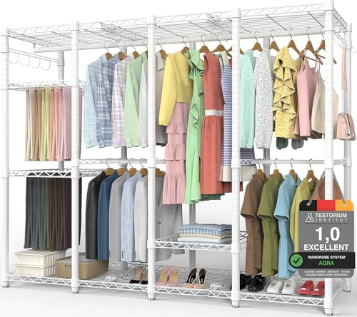 AQRA Metal Open Wardrobe, Heavy Duty Clothes Rail, 4 Assembly Ways, White | 600kg Max Weight, 193.5cm*43.5cm*195cm, 8 Side Hooks and 3 Trouser Rack, Large-Capacity Design, Versatile for Multiple Spaces