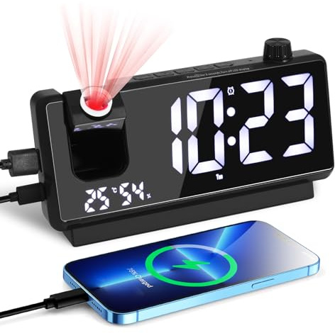 Wecker mit Projektion Großer LED-Anzeige 3 Stufen Bildschirmhelligkeit | Digital Projektionswecker mit Temperatur Luftfeuchtigkeit Dual-Alarm Snooze 12/24H Zwei USB-Anschluss Projektionsuhr