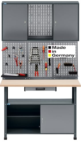 3 in 1 Werkstatt Set, Werkstatteinrichtung Werkbank 120 cm Hängeschrank, Lochwand inkl. 12 Metall-Standardhaken, Hellgrau-Anthrazitgrau