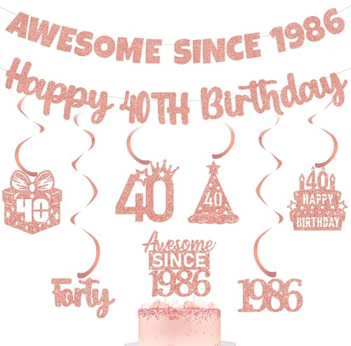 Rose Gold 40th Birthday Banner - Awesome Since 1986 Glitter Decorations with Hanging Swirls and Cake Topper, Party Supplies for Women 40 Year Old Celebration