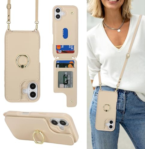 CAVOR Handyhülle kompatibel mit iPhone 17 Hülle Mit Band - Beige | Klapphülle mit Umhängeband,4 Kartenfach,Ring Ständer,Magnetic,Flip Leder Geldbörse Karten Hülle,Kartenhalter
