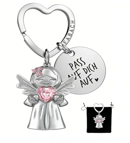 Satiskid Schutzengel Schlüsselanhänger mit Herz und Gravur, Lächelnder Engel Glücksbringer mit Samtbeutel, Beste Freundin Geschenk mit Schutzengel Motiv, Oster- und Valentinstagsgeschenke