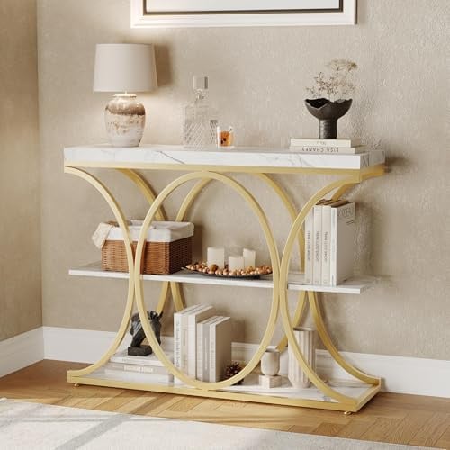 Garvee 39 Schmaler Konsolentisch Gold & Weißmarmor – Industrieller 3-stufiger Sofatisch mit runden Metallfüßen & Ablagefächern – Für Eingangsbereich, Wohnzimmer, Flur
