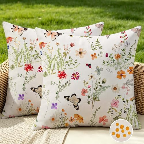 Cozslum Outdoor Kissen Kissenbezug 40x40 Wasserfest Sommer Frühling Wildblumen Kissenbezüge Grünes Botanisches Schmetterling Sofakissen Dekokissen Kissenhülle für Sofa Couch Wohnzimmer Garten 2er Set