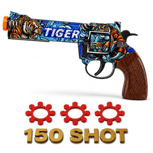 VastCart Tiger Design Die-Cast Metal 8-Shot Ring Cap Toy Gun, Includes 150 Shot Ring Caps (2 Sheets), Pretend Play Dress-Up Accessory, Age 14+