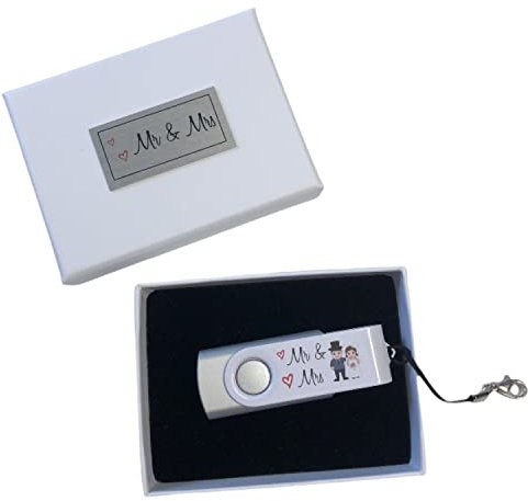 Mr & Mrs Bride & Groom Silver USB 8GB Wedding Flash Drive For Wedding Photos In White Presentation Gift Box