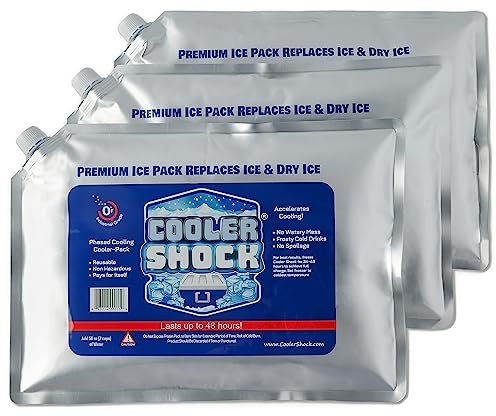 Cooler Shock Reusable Ice Packs (Set of 3) - Long Lasting Cold Freezer Packs for Large Coolers & Lunch Bags - Compress for Knee Injuries, Back Pain Relief, Post-Surgery Accessories