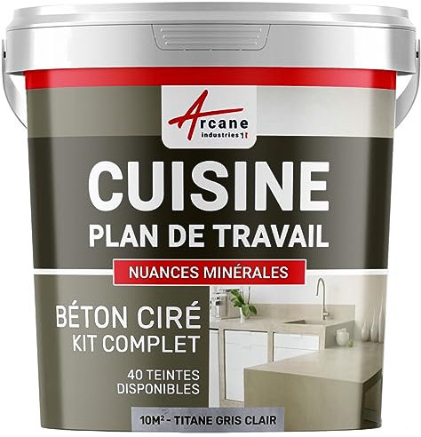 Béton ciré cuisine, plan de travail, crédence, évier, sol et mur, revêtement mural décoratif, kit complet - 10 m² (en 2 couches) Titane Gris Clair - ARCANE INDUSTRIES