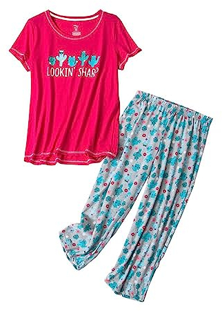 YIJIU Damen Kurzarmshirts und Capri-Hosen-nette Karikatur drucken Pyjama Sets Large Kaktus