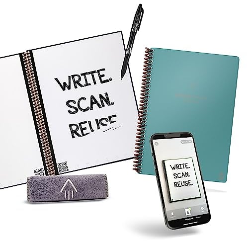 Rocketbook Fusion Wiederverwendbares Digitales Notizbuch - Executive A5 Blaugrün - 7 Seitenvorlagen Kalender, To Do Liste - Punktraster und Linierte Seiten - Mit Pilot Frixion Stift, Mikrofasertuch