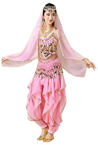 Wuchieal Bauchtanz Kostüm 4 Teile Oberteil Hose Hüftschal Schleier für Damen (Pink, One size)