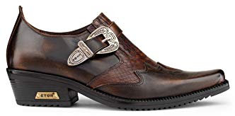 Stivali Cowboy da Uomo Vera Pelle Effetto Serpente con Cintura e Tacco Cubano - Marrone 43 EU