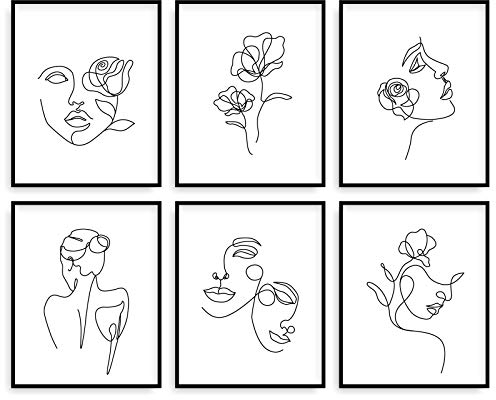 Whaline Minimalistische Linien-Kunstdrucke, 20.3 x 25.4 cm, abstrakte einzeilige Wandkunst, Poster, wasserdicht, schwarz, weiß, weibliches Gesicht, Blume, ästhetisches Zeichnen, College, Wohnheim