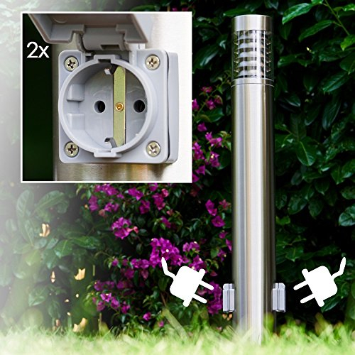 Außenleuchte Dakar mit 2 Steckdosen, moderne Sockelleuchte aus Edelstahl und Kunststoff, Wegeleuchte 80 cm, Gartenlampe mit E27-Fassung, 1 x E27, Gartenbeleuchtung IP44, ohne Leuchtmittel