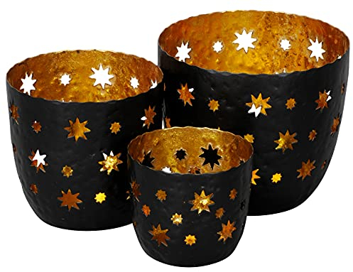 Windlicht Metall Sterne Gold Schwarz Kerzenhalter Teelichthalter rund Weihnachten 3er Set