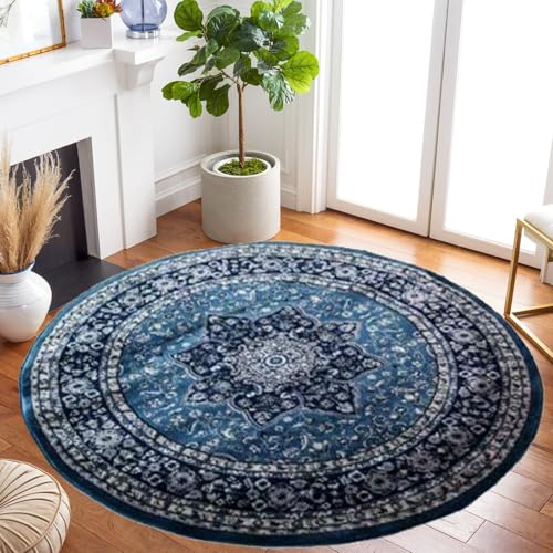 cozily® Round Rugs for Living Room - 120 x 120 cm - Blue - Rome Traditional Rug Carpet Soft Floor Mat for Bedroom Study Room Circular Table Underlay Mat