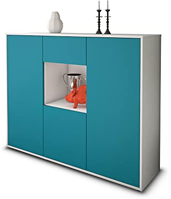 Stil.Zeit Highboard Kommode Nuria, Korpus Weiss matt, Front Farb-Design Lagunenblau (136x108x35cm), Push-to-Open Technik & Leichtlaufschienen