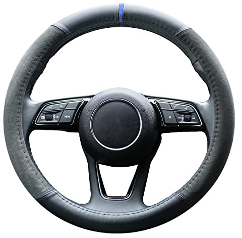 S-TETIC® Premium Lenkradbezug aus Alcantara + Nappaleder | Blaue 12-Uhr Markierung | Universalgröße 36-38 cm | Lenkradcover | Sommer und Winter