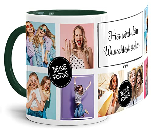 Foto-Tasse selbst gestalten mit Text & Collage für 8 Fotos - Geschenk für Familie, Freunde, Geburtstag, Weihnachten - Keramik Innen & Henkel Dunkelgrün, 300 ml I Personalisiert