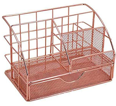 WANGCL Rose Gold Desk Organizer, Mesh Desk Organiser Pen Holder with Drawer, Multi-Use Metal Desktop Organizer, Store make up and brushes, with Phone Holder