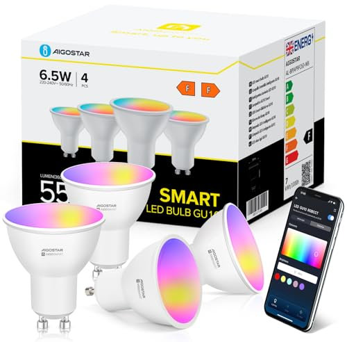Aigostar Alexa Glühbirnen GU10 SL2 Smart LED Lampe 6.5W Wlan Glühbirne LED RGBCW 2700-6500K Dimmbare, 26 Szenenmodus, App-steuerung, Kompatibel mit Alexa/Google Home, Kein Hub notwendig, 4 Stücke
